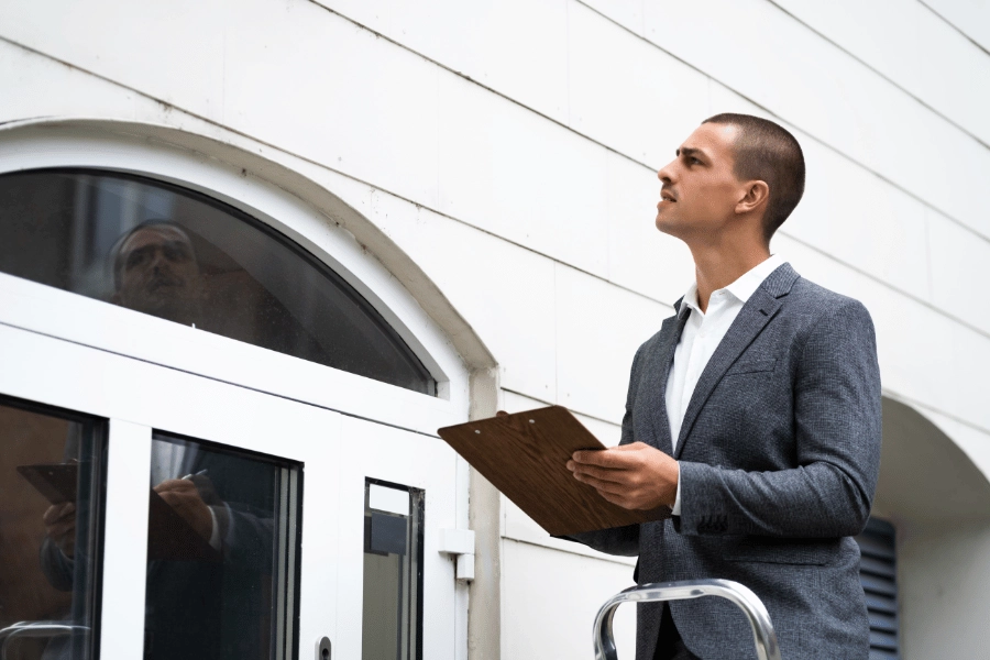 appraiser standing on a ladder and assessing a property 